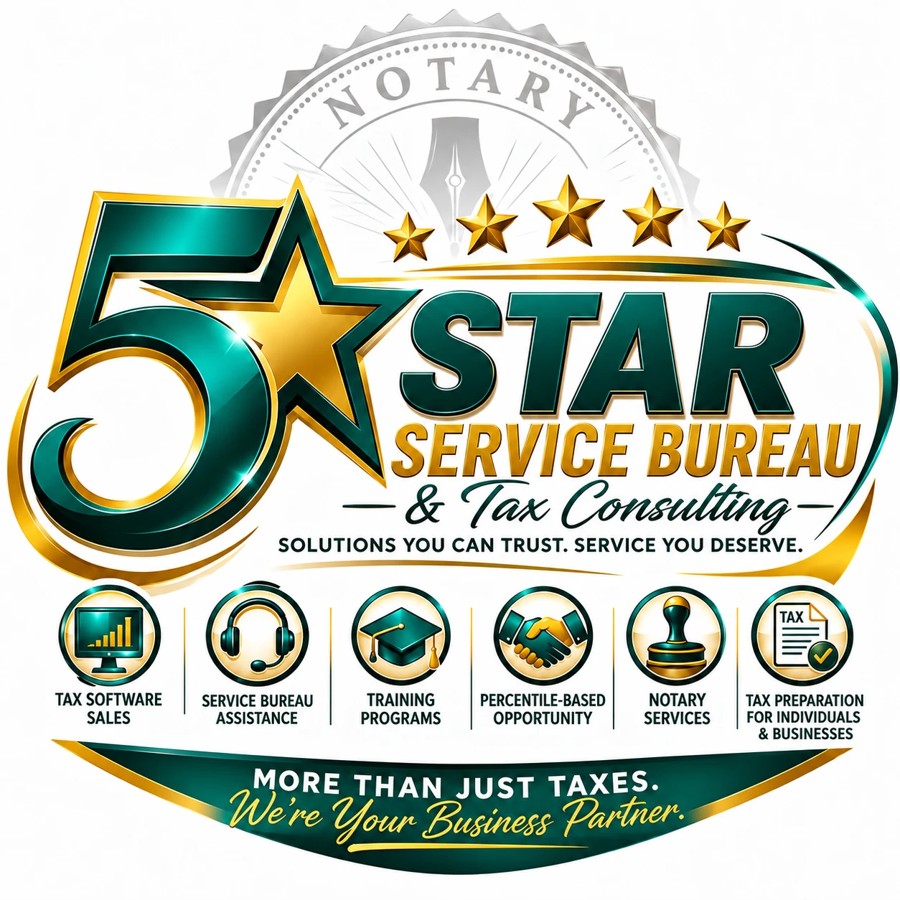 5Star Service Bureau & Tax Consulting logo: tax software sales, service bureau assistance, training programs, notary services, tax preparation